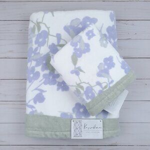 Kassafina Bath Towel Set Velour Purple Flowers Floral Green Border